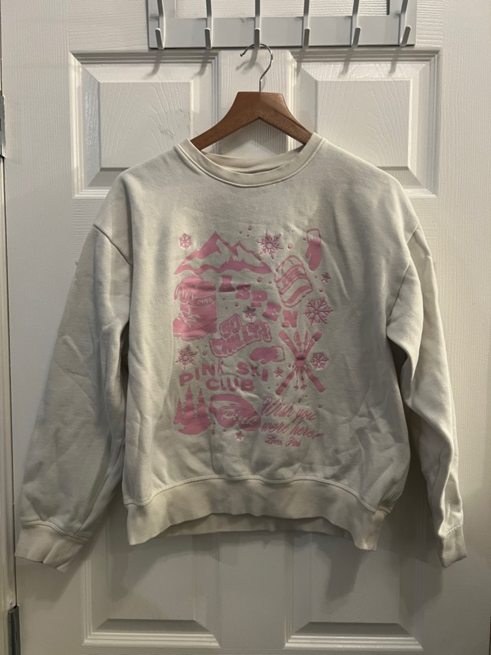 PINK Victoria's Secret Cream Crewneck with Pink Ski Club Graphic